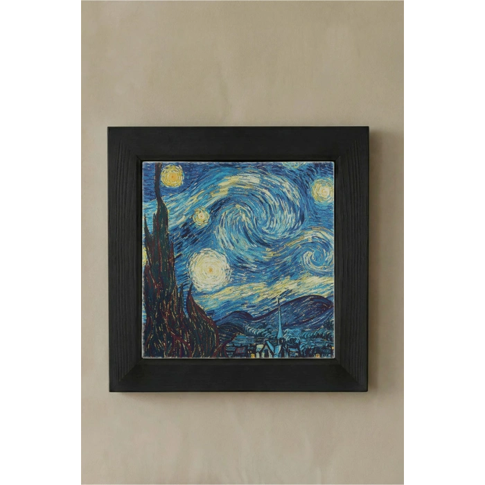 Vincent Van Gogh -Yıldızlı Gece - Doğal Ahşap Çerçeveli Taş Tablo