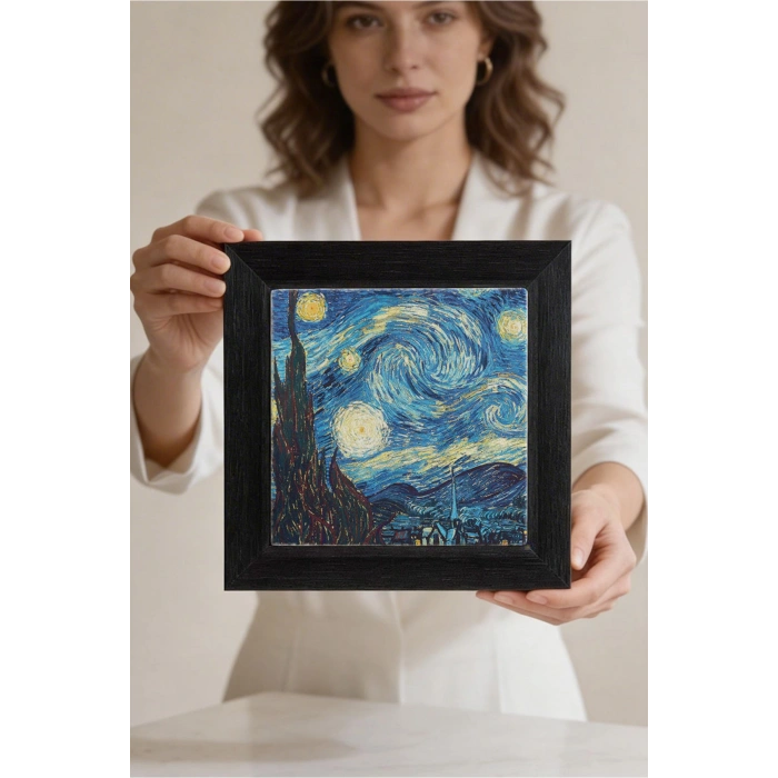 Vincent Van Gogh -Yıldızlı Gece - Doğal Ahşap Çerçeveli Taş Tablo