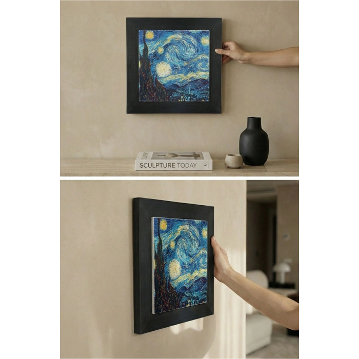 Vincent Van Gogh -Yıldızlı Gece - Doğal Ahşap Çerçeveli Taş Tablo