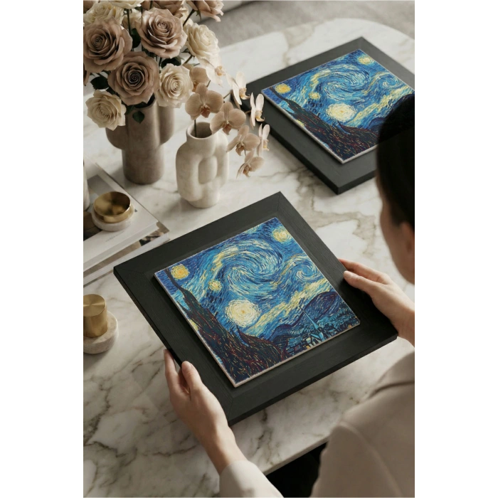 Vincent Van Gogh -Yıldızlı Gece - Doğal Ahşap Çerçeveli Taş Tablo