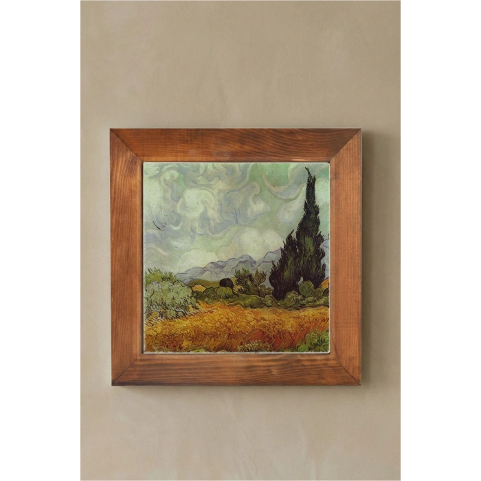 Vincent Van Gogh - Selvi Ağaçlı Buğday Tarlası - Doğal Ahşap Çerçeveli Taş Tablo