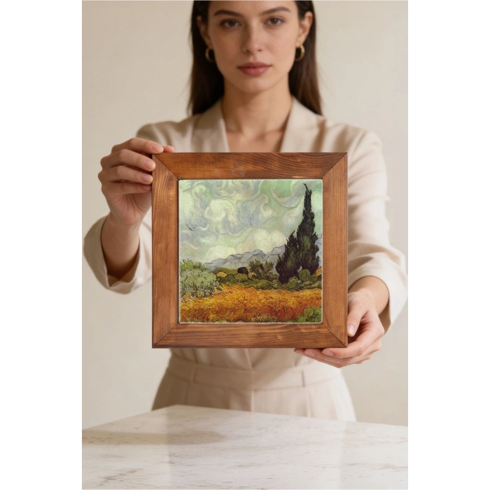 Vincent Van Gogh - Selvi Ağaçlı Buğday Tarlası - Doğal Ahşap Çerçeveli Taş Tablo
