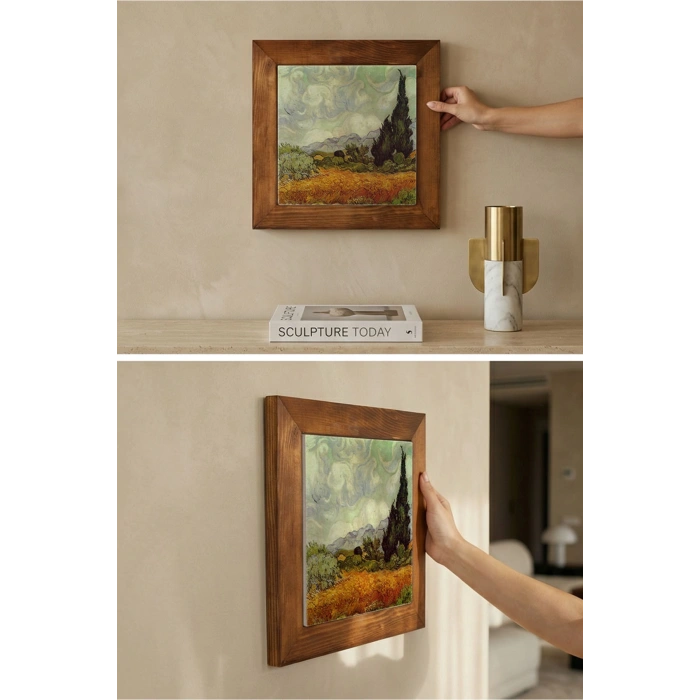 Vincent Van Gogh - Selvi Ağaçlı Buğday Tarlası - Doğal Ahşap Çerçeveli Taş Tablo