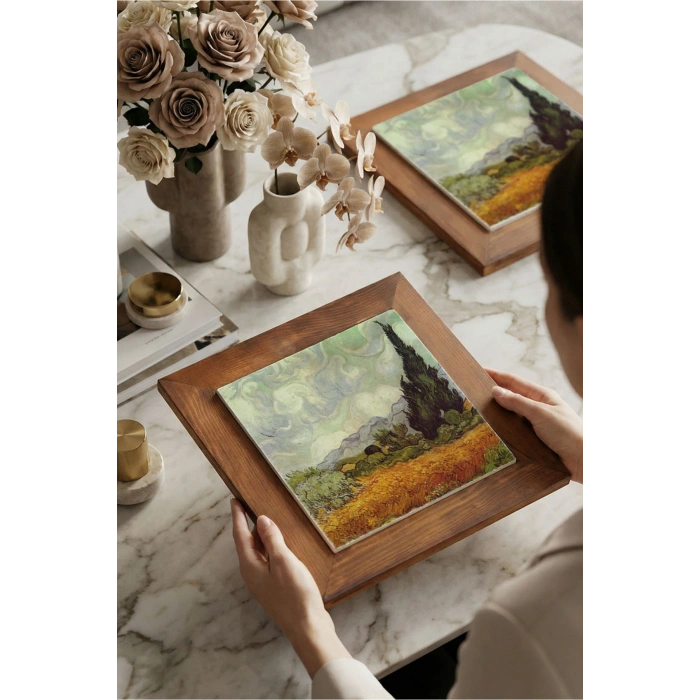 Vincent Van Gogh - Selvi Ağaçlı Buğday Tarlası - Doğal Ahşap Çerçeveli Taş Tablo