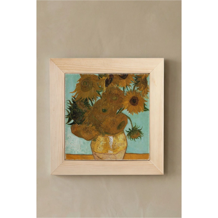 Vincent Van Gogh - On İki Ayçiçekli Vazo - Doğal Ahşap Çerçeveli Taş Tablo