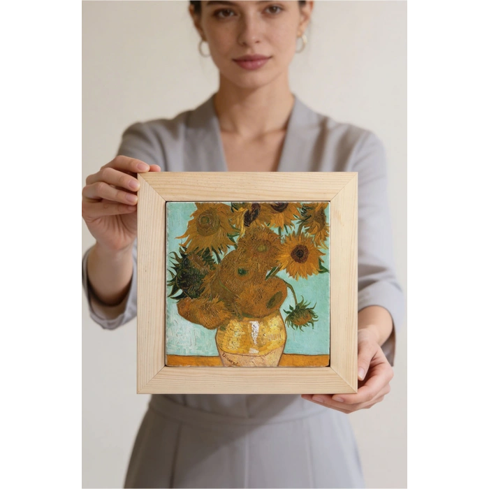 Vincent Van Gogh - On İki Ayçiçekli Vazo - Doğal Ahşap Çerçeveli Taş Tablo