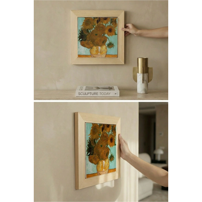 Vincent Van Gogh - On İki Ayçiçekli Vazo - Doğal Ahşap Çerçeveli Taş Tablo