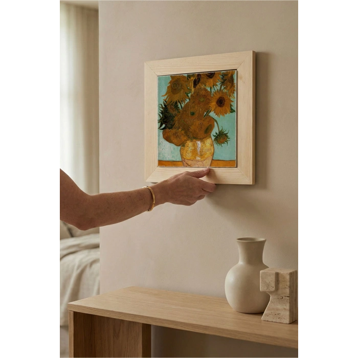 Vincent Van Gogh - On İki Ayçiçekli Vazo - Doğal Ahşap Çerçeveli Taş Tablo