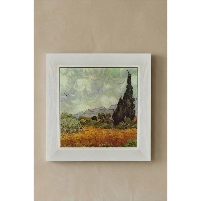 Vincent Van Gogh - Selvi Ağaçlı Buğday Tarlası - Doğal Ahşap Çerçeveli Taş Tablo
