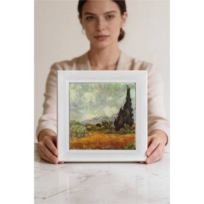 Vincent Van Gogh - Selvi Ağaçlı Buğday Tarlası - Doğal Ahşap Çerçeveli Taş Tablo