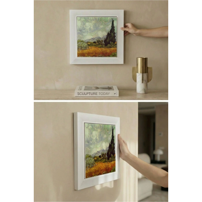 Vincent Van Gogh - Selvi Ağaçlı Buğday Tarlası - Doğal Ahşap Çerçeveli Taş Tablo