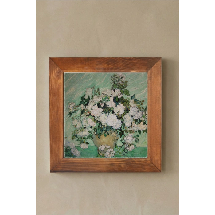 Vincent Van Gogh - Vazoda Güller - Doğal Ahşap Çerçeveli Taş Tablo