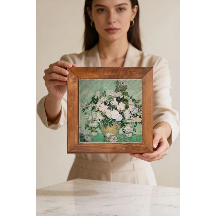 Vincent Van Gogh - Vazoda Güller - Doğal Ahşap Çerçeveli Taş Tablo