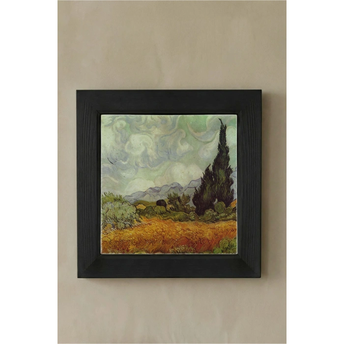 Vincent Van Gogh - Selvi Ağaçlı Buğday Tarlası - Doğal Ahşap Çerçeveli Taş Tablo