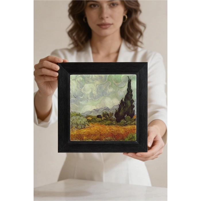 Vincent Van Gogh - Selvi Ağaçlı Buğday Tarlası - Doğal Ahşap Çerçeveli Taş Tablo