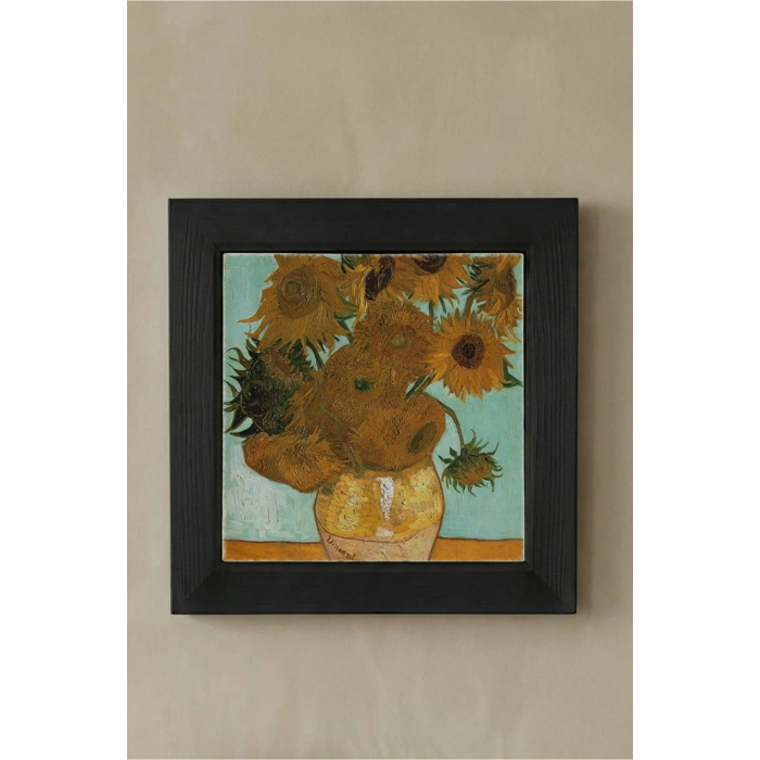 Vincent Van Gogh - On İki Ayçiçekli Vazo - Doğal Ahşap Çerçeveli Taş Tablo