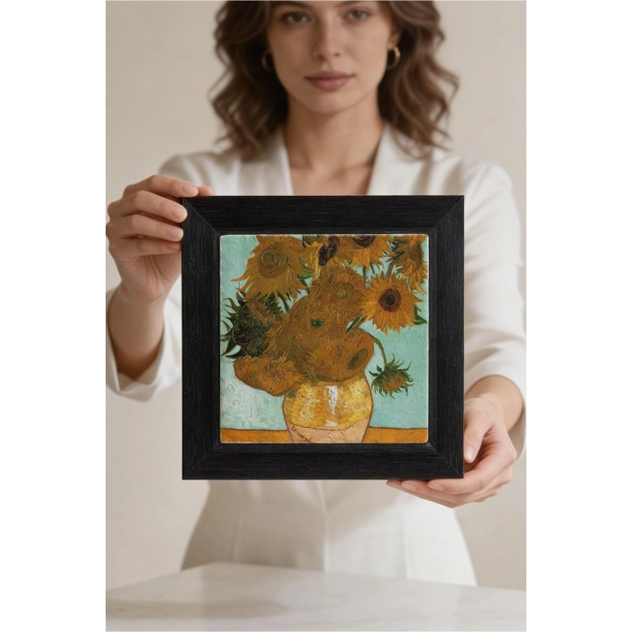 Vincent Van Gogh - On İki Ayçiçekli Vazo - Doğal Ahşap Çerçeveli Taş Tablo