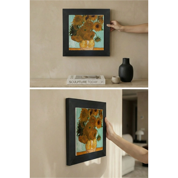 Vincent Van Gogh - On İki Ayçiçekli Vazo - Doğal Ahşap Çerçeveli Taş Tablo