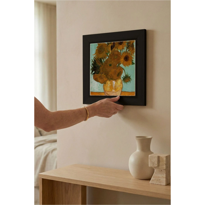 Vincent Van Gogh - On İki Ayçiçekli Vazo - Doğal Ahşap Çerçeveli Taş Tablo