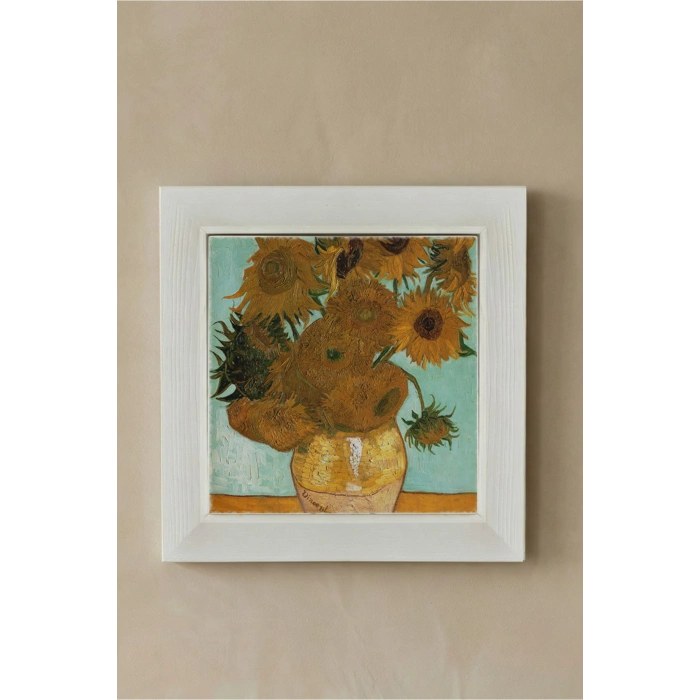 Vincent Van Gogh - On İki Ayçiçekli Vazo - Doğal Ahşap Çerçeveli Taş Tablo
