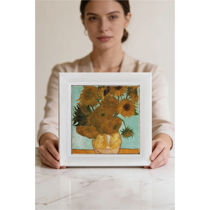 Vincent Van Gogh - On İki Ayçiçekli Vazo - Doğal Ahşap Çerçeveli Taş Tablo