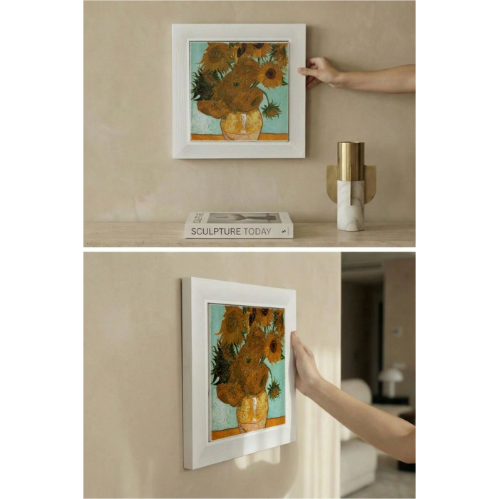 Vincent Van Gogh - On İki Ayçiçekli Vazo - Doğal Ahşap Çerçeveli Taş Tablo