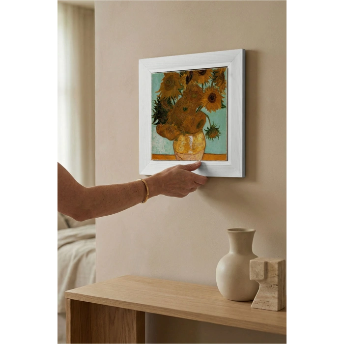 Vincent Van Gogh - On İki Ayçiçekli Vazo - Doğal Ahşap Çerçeveli Taş Tablo