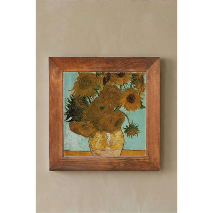 Vincent Van Gogh - On İki Ayçiçekli Vazo - Doğal Ahşap Çerçeveli Taş Tablo