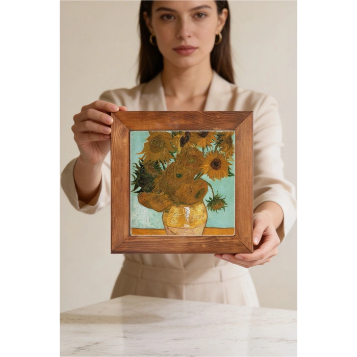 Vincent Van Gogh - On İki Ayçiçekli Vazo - Doğal Ahşap Çerçeveli Taş Tablo