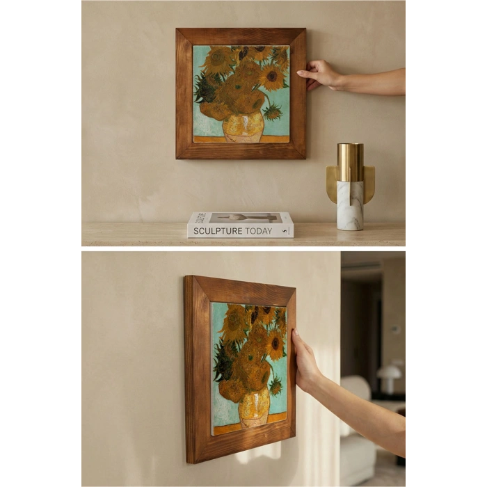 Vincent Van Gogh - On İki Ayçiçekli Vazo - Doğal Ahşap Çerçeveli Taş Tablo