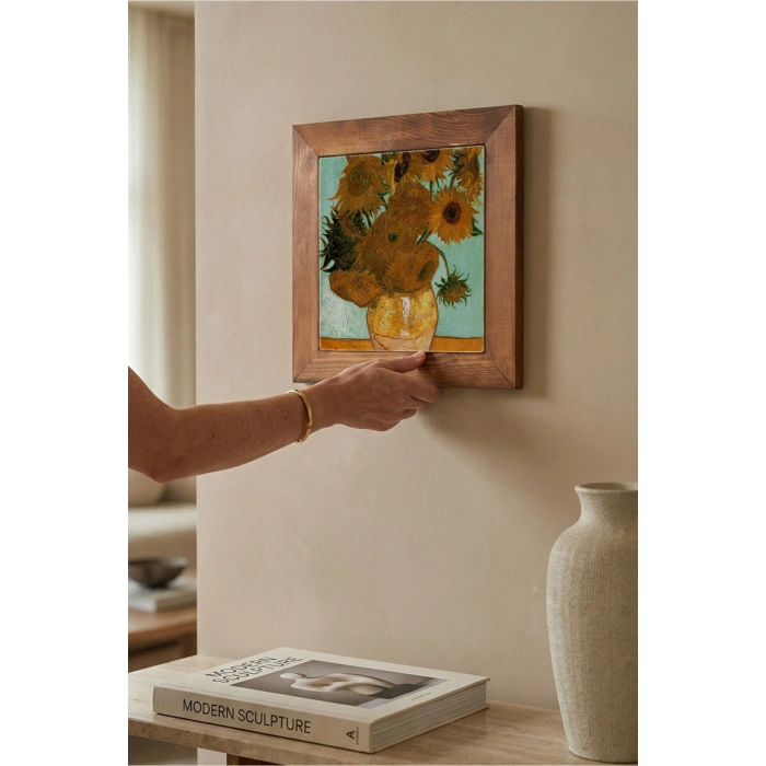 Vincent Van Gogh - On İki Ayçiçekli Vazo - Doğal Ahşap Çerçeveli Taş Tablo