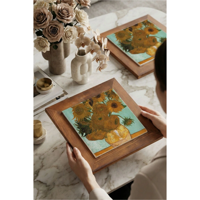 Vincent Van Gogh - On İki Ayçiçekli Vazo - Doğal Ahşap Çerçeveli Taş Tablo