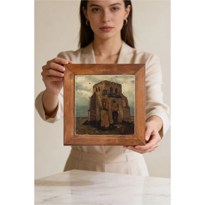 Vincent Van Gogh - Nuenende Eski Kilise Kulesi - Doğal Ahşap Çerçeveli Taş Tablo