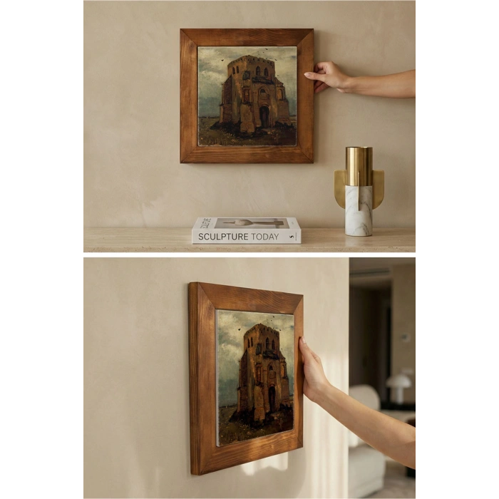 Vincent Van Gogh - Nuenende Eski Kilise Kulesi - Doğal Ahşap Çerçeveli Taş Tablo