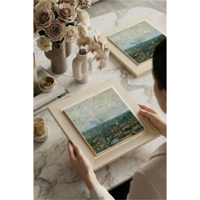 Vincent Van Gogh - Vue de Paris prise de Montmartre - Doğal Ahşap Çerçeveli Taş Tablo