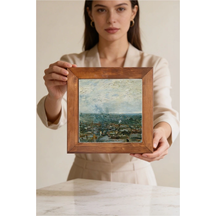 Vincent Van Gogh - Vue de Paris prise de Montmartre - Doğal Ahşap Çerçeveli Taş Tablo