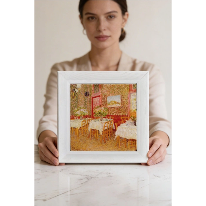 Vincent Van Gogh - Intérieur de restaurant - Doğal Ahşap Çerçeveli Taş Tablo