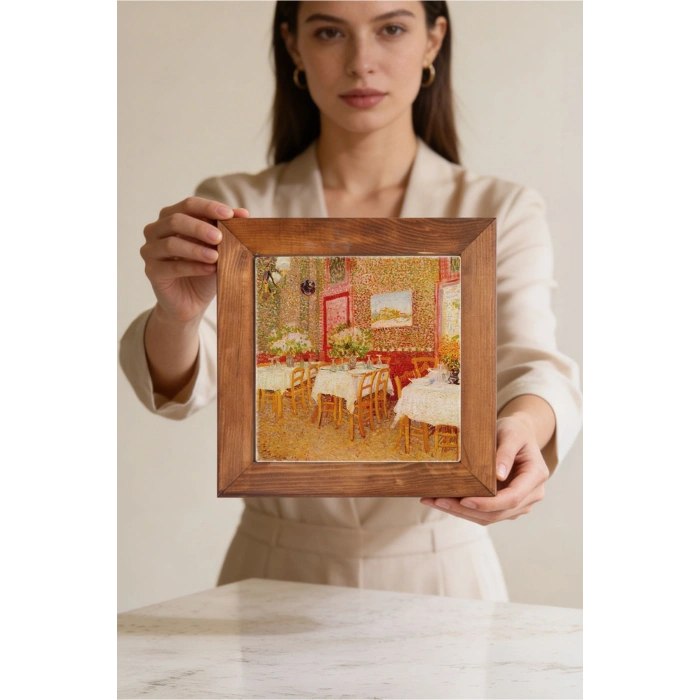 Vincent Van Gogh - Intérieur de restaurant - Doğal Ahşap Çerçeveli Taş Tablo