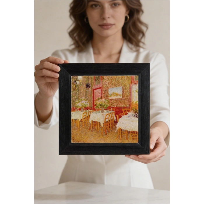 Vincent Van Gogh - Intérieur de restaurant - Doğal Ahşap Çerçeveli Taş Tablo