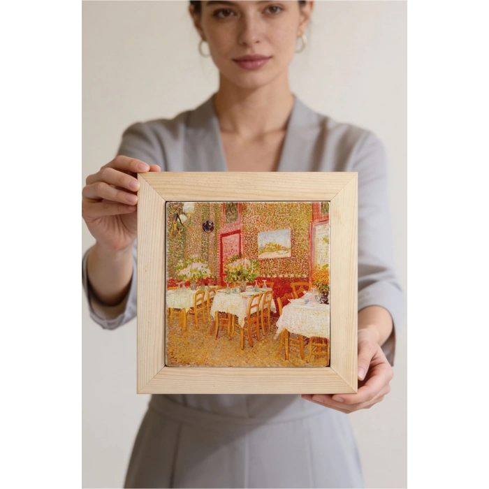 Vincent Van Gogh - Intérieur de restaurant - Doğal Ahşap Çerçeveli Taş Tablo