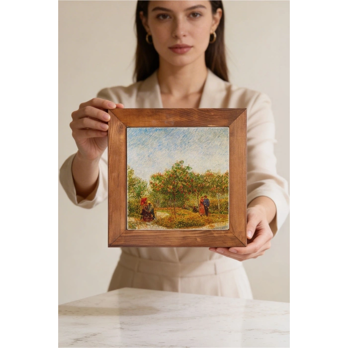 Vincent Van Gogh - Garden With Courting Couples - Doğal Ahşap Çerçeveli Taş Tablo