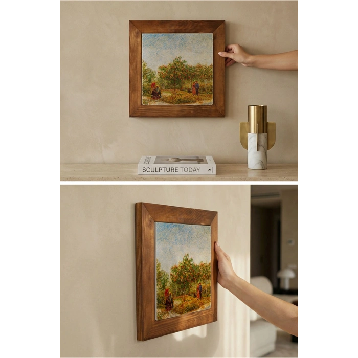 Vincent Van Gogh - Garden With Courting Couples - Doğal Ahşap Çerçeveli Taş Tablo