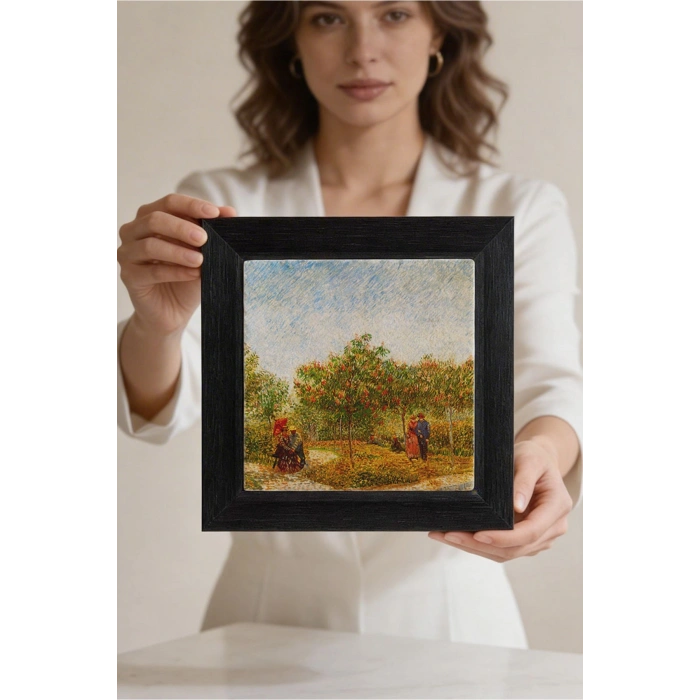 Vincent Van Gogh - Garden With Courting Couples - Doğal Ahşap Çerçeveli Taş Tablo