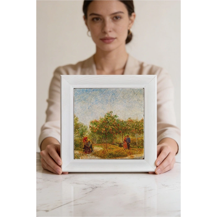Vincent Van Gogh - Garden With Courting Couples - Doğal Ahşap Çerçeveli Taş Tablo