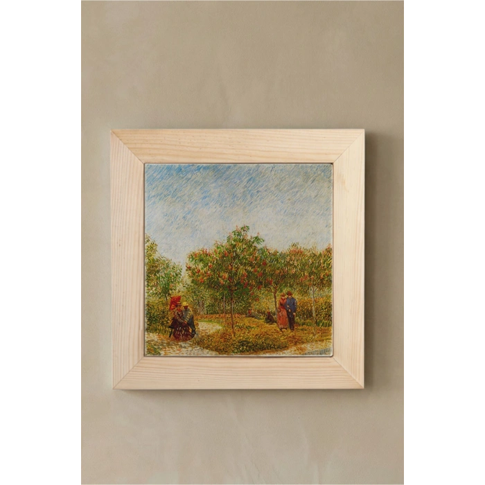 Vincent Van Gogh - Garden With Courting Couples - Doğal Ahşap Çerçeveli Taş Tablo
