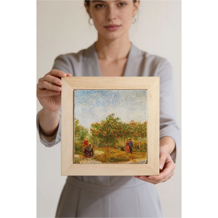 Vincent Van Gogh - Garden With Courting Couples - Doğal Ahşap Çerçeveli Taş Tablo
