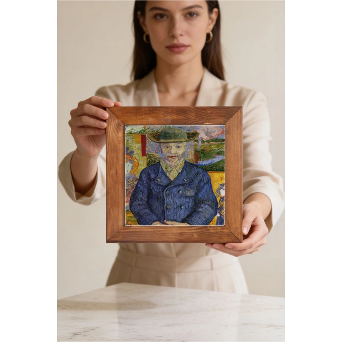 Vincent Van Gogh - Père Tanguy Portresi - Doğal Ahşap Çerçeveli Taş Tablo