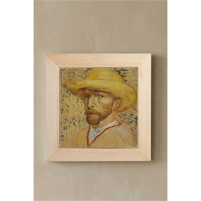 Vincent Van Gogh - Self-Portrait with a Straw Hat - Doğal Ahşap Çerçeveli Taş Tablo