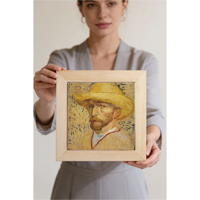 Vincent Van Gogh - Self-Portrait with a Straw Hat - Doğal Ahşap Çerçeveli Taş Tablo