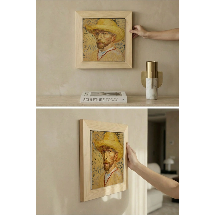 Vincent Van Gogh - Self-Portrait with a Straw Hat - Doğal Ahşap Çerçeveli Taş Tablo
